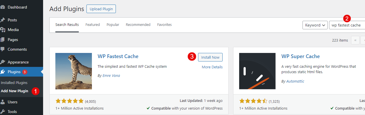 Search the WP Fastest Cache Plugin