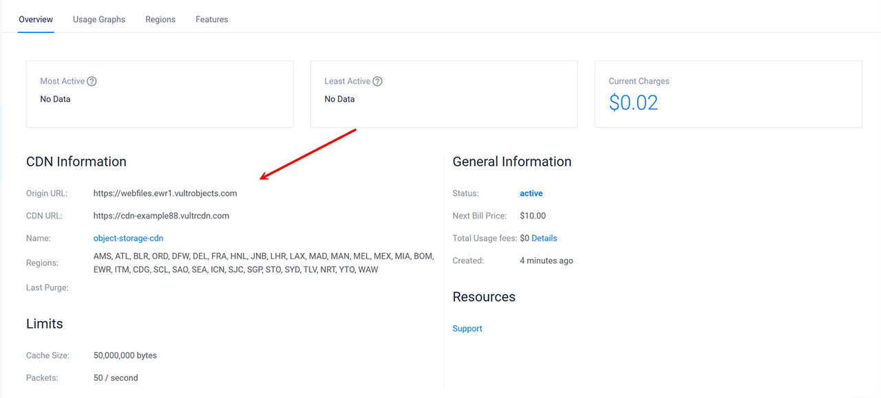 View the Vultr Object Storage CDN Information