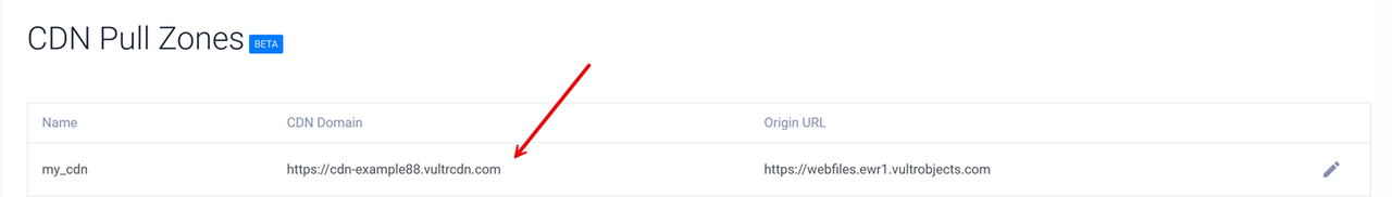 View created Vultr CDN Pull Zones
