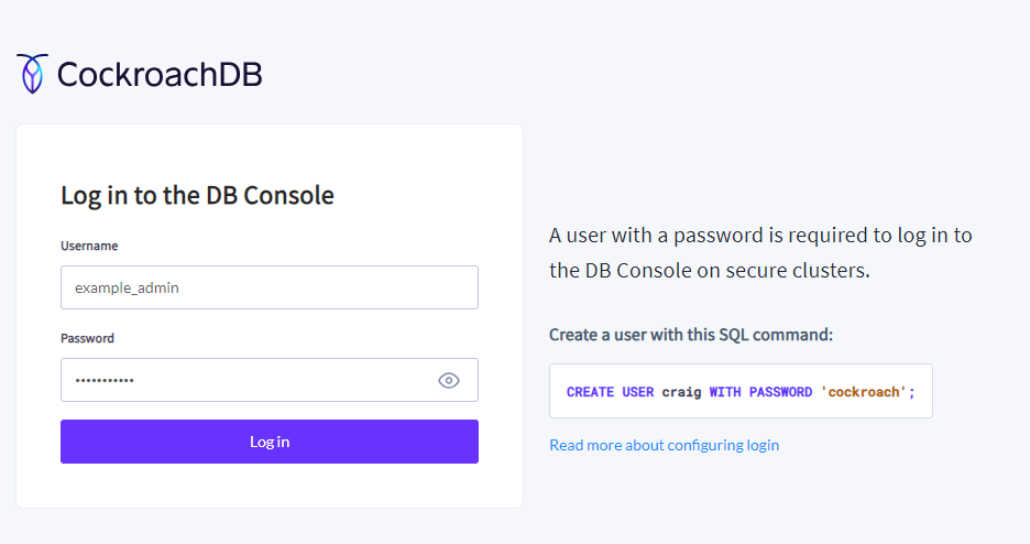 Log in to the CockroachDB console