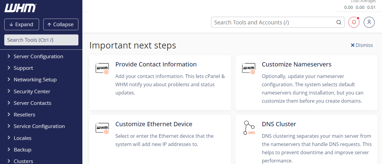 cPanel dashboard