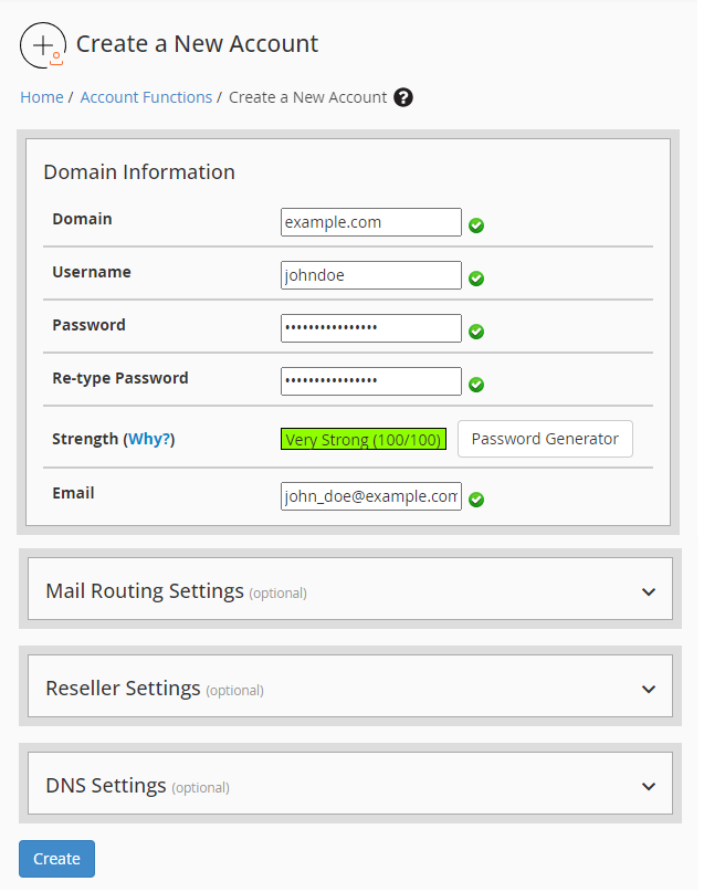 Create a new cPanel account