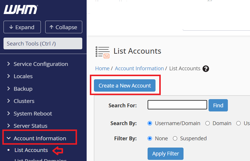 Create a new cPanel account