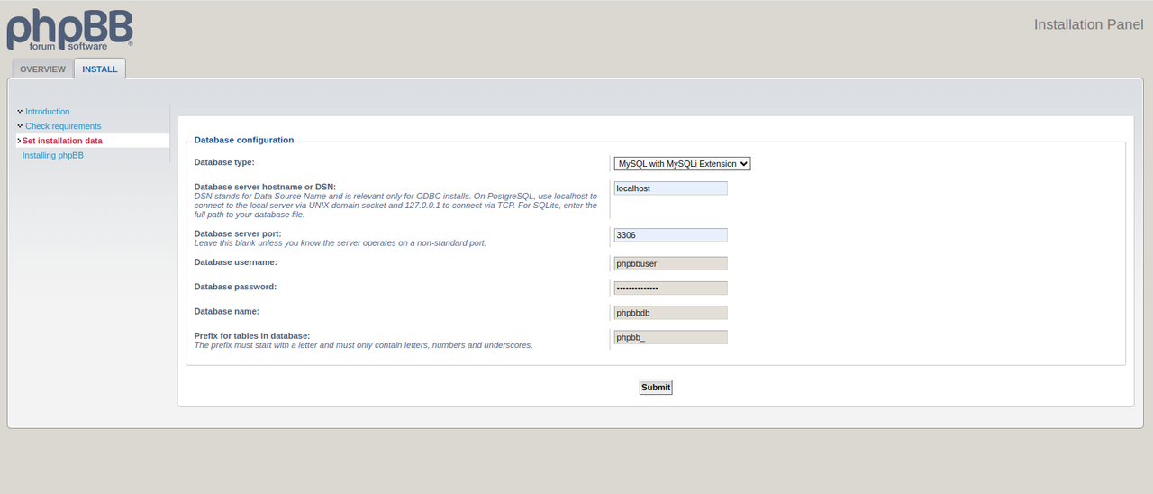 Set Up the phpBB MySQL database details