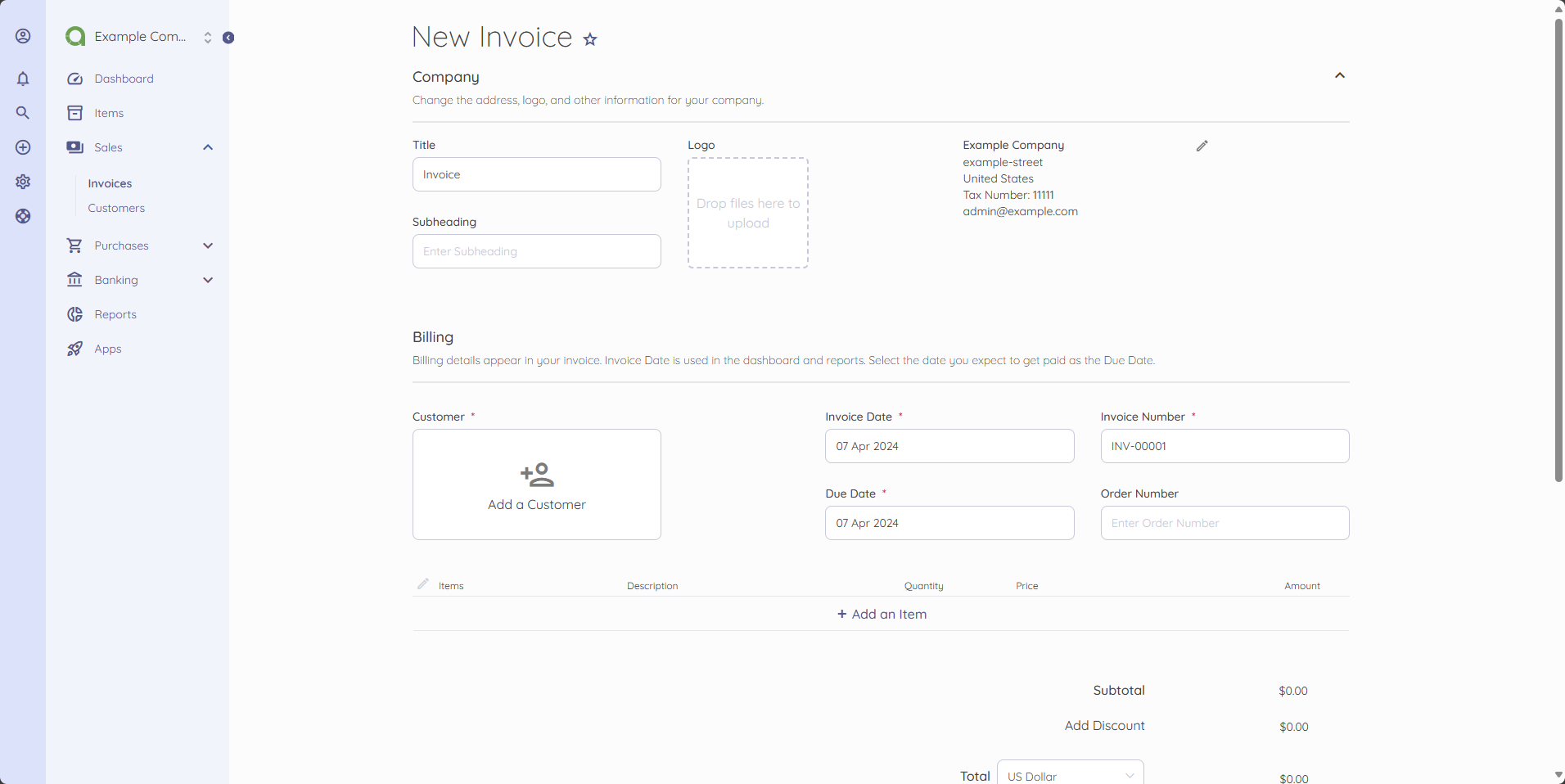 Create a new Akaunting Invoice