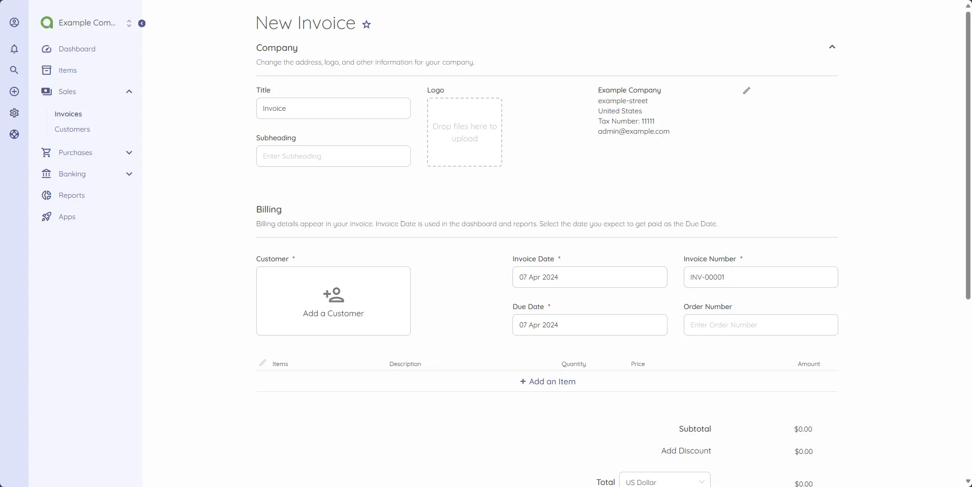 Create a new Akaunting Invoice