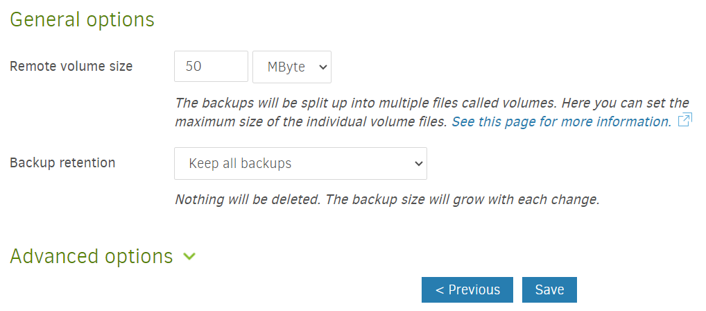 Configure remote volume size and backup retention policy