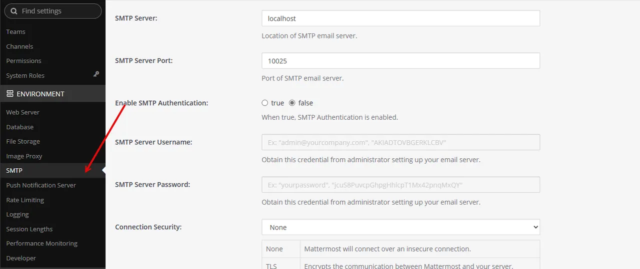Access the Mattermost SMTP settings