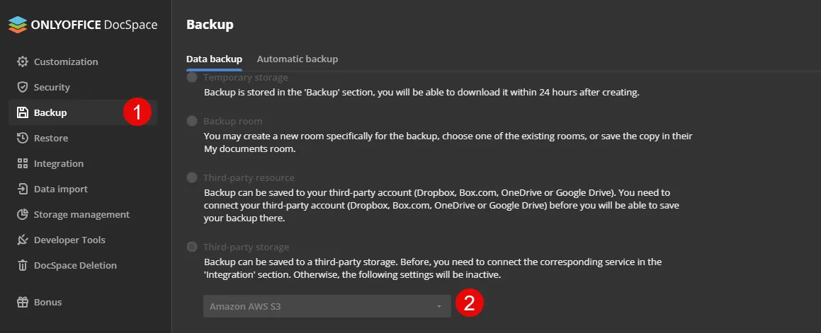 Access the OnlyOffice Backup Options