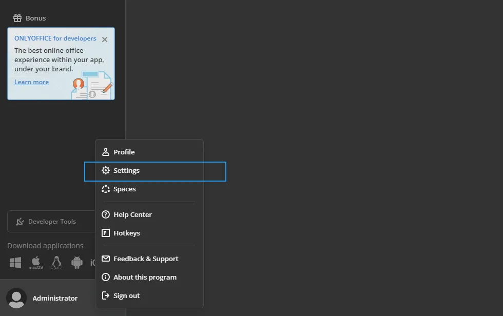 Access the OnlyOffice Settings Page