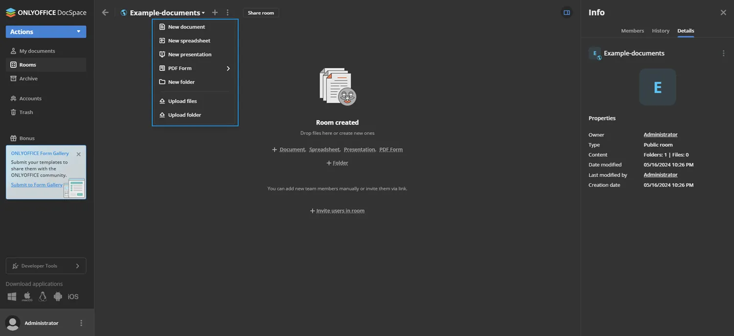 Create a new Document in an OnlyOffice Room