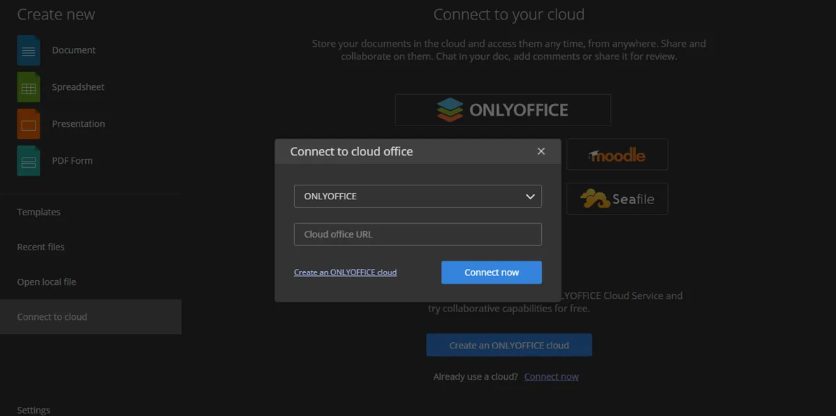 Enter the OnlyOffice Server URL to connect to cloud