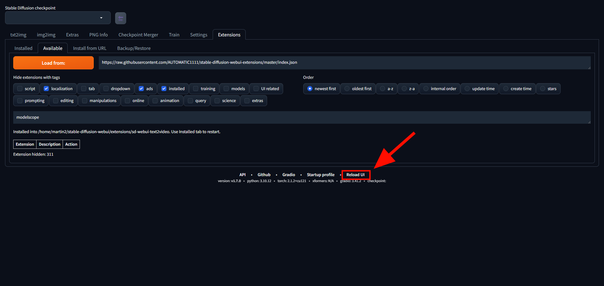 Reload the Stable Diffusion Web UI