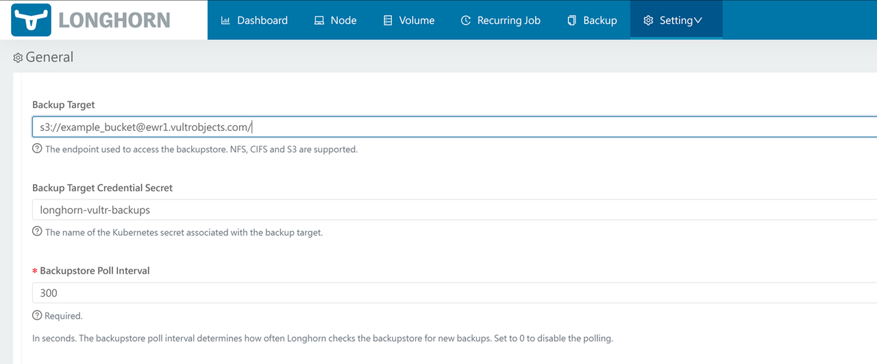 Configure Longhorn Backups to Vultr Object Storage