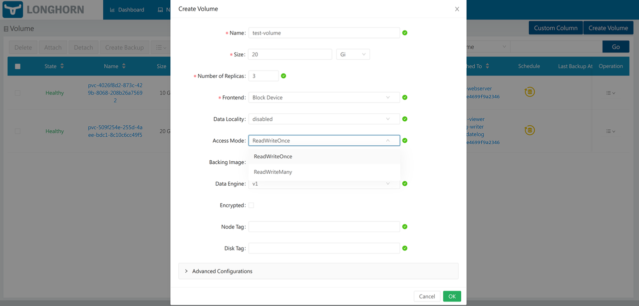 Create Longhorn UI Volumes