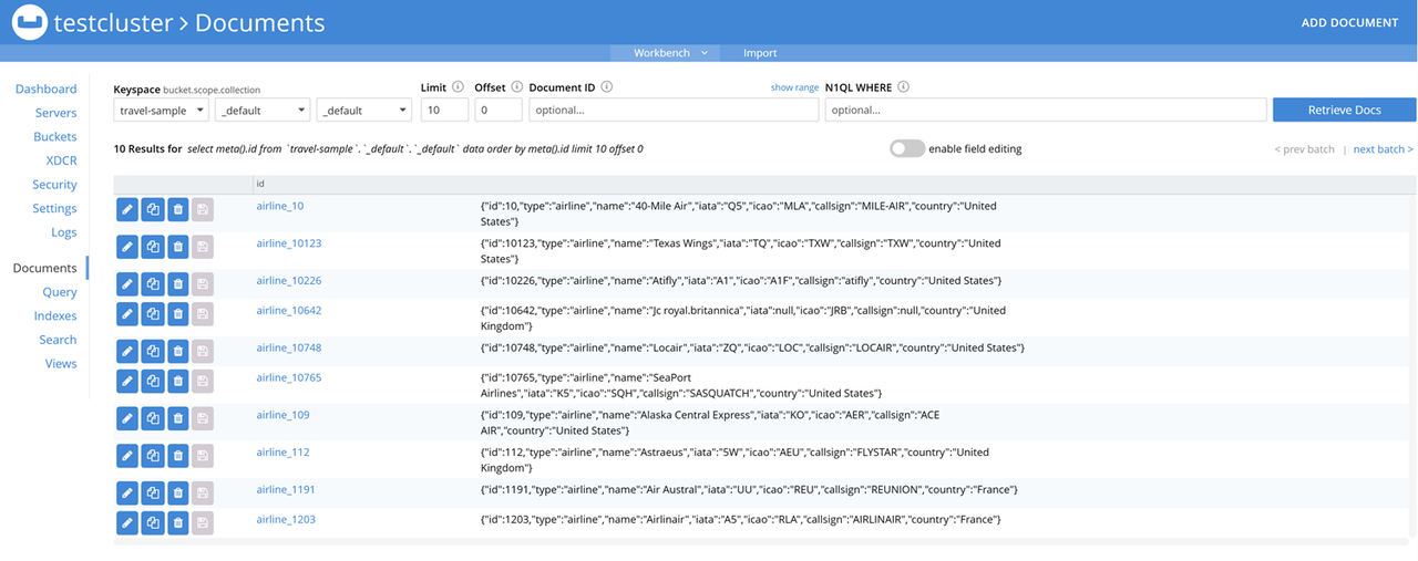 View Documents in the Sample Travel Dataset with the Couchbase Server Web Interface