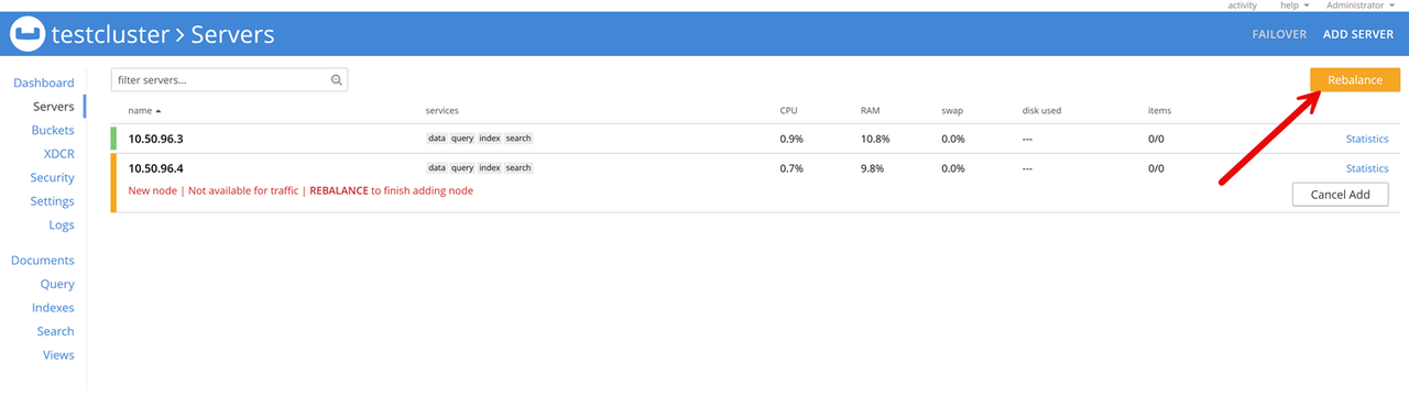 Rebalance the Cluster with the Couchbase Server Web Interface