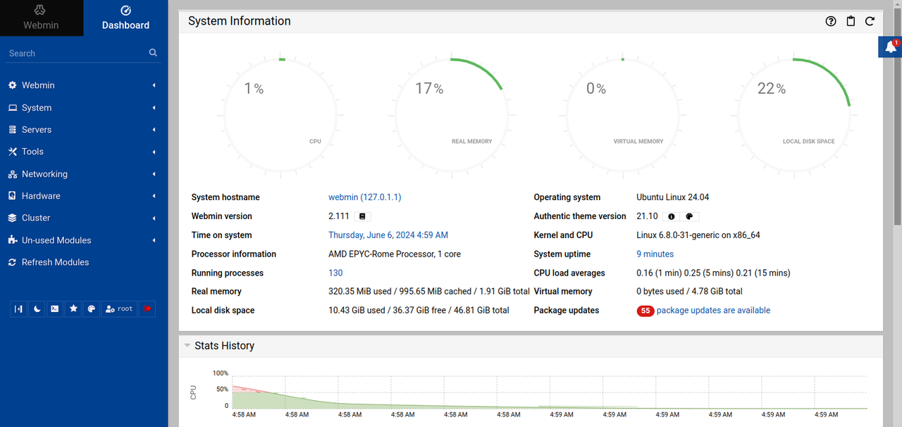 Webmin dashboard page