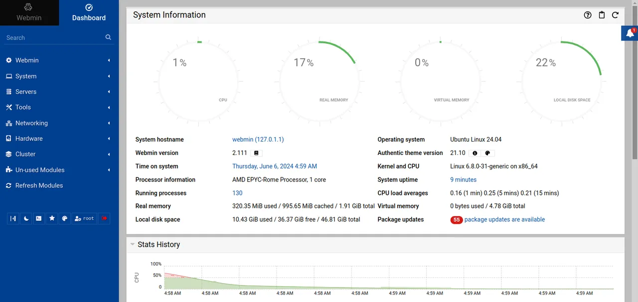 Webmin dashboard page