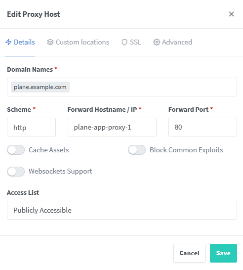 Add the Plane Port to Nginx Proxy Manager