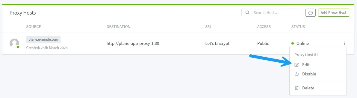 Edit Proxy Hosts