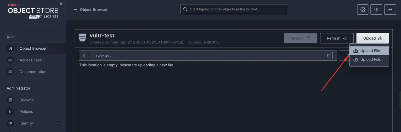 Upload new Files to a MinIO bucket