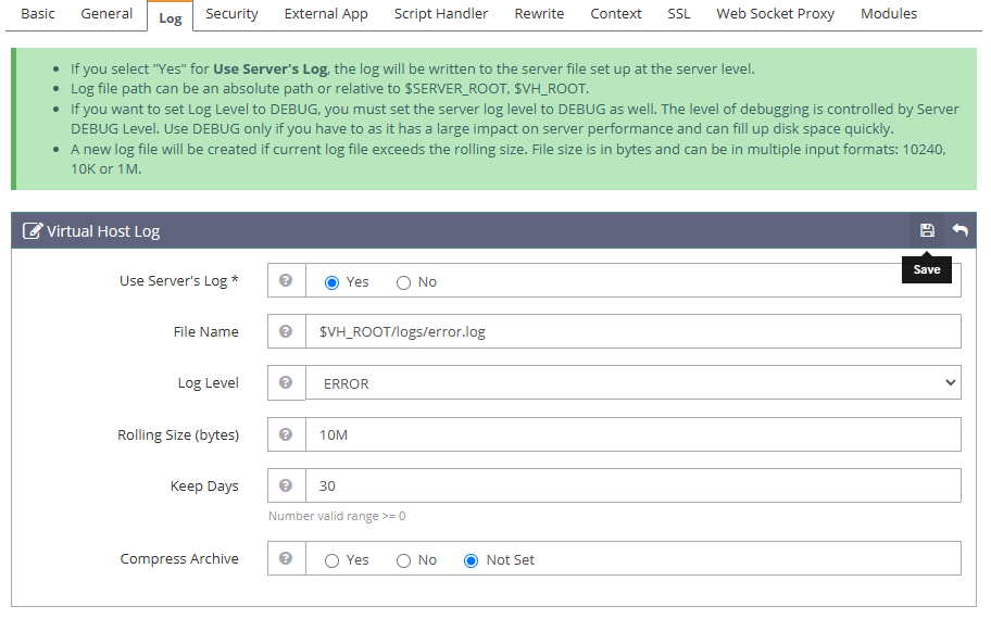 OpenLiteSpeed Error Log Settings