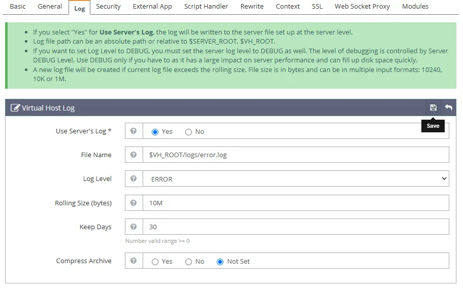 OpenLiteSpeed Error Log Settings