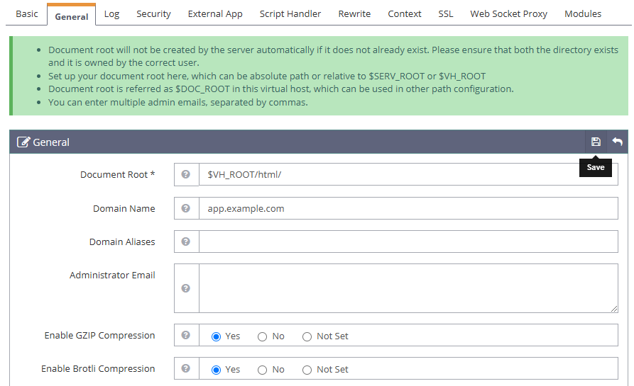 OpenLiteSpeed Virtual Host General Section