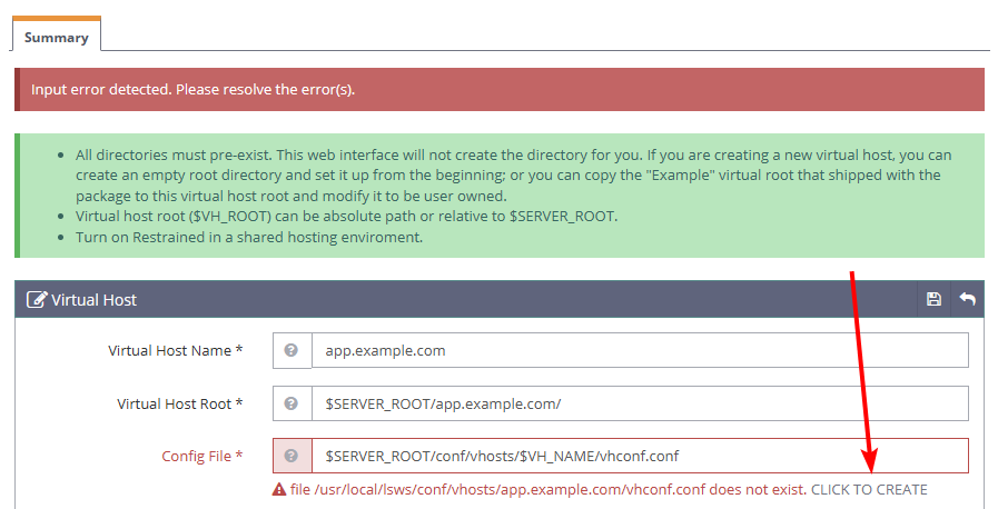 OpenLiteSpeed Virtual Host Config File Error