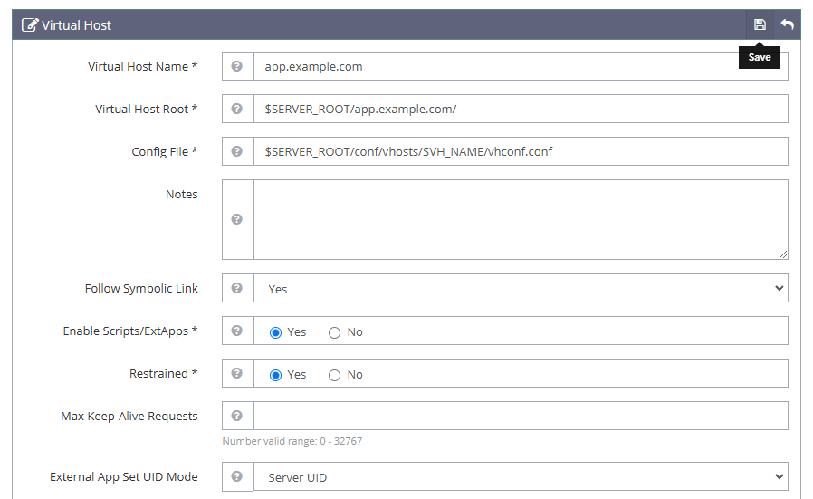 OpenLiteSpeed Virtual Host Settings