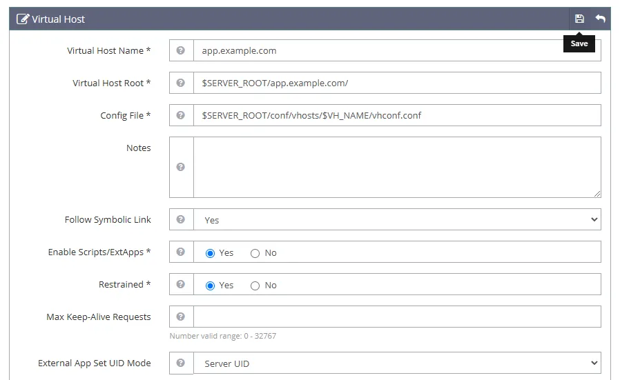 OpenLiteSpeed Virtual Host Settings