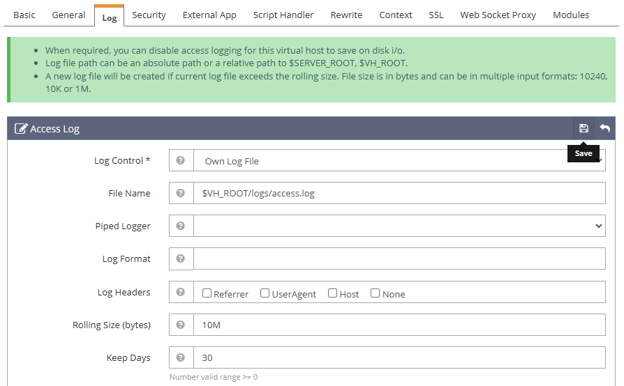 OpenLiteSpeed Access Log Settings