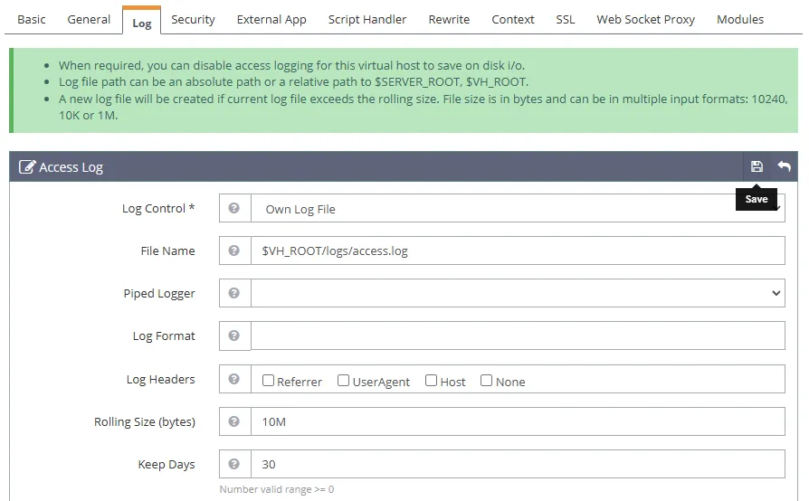 OpenLiteSpeed Access Log Settings