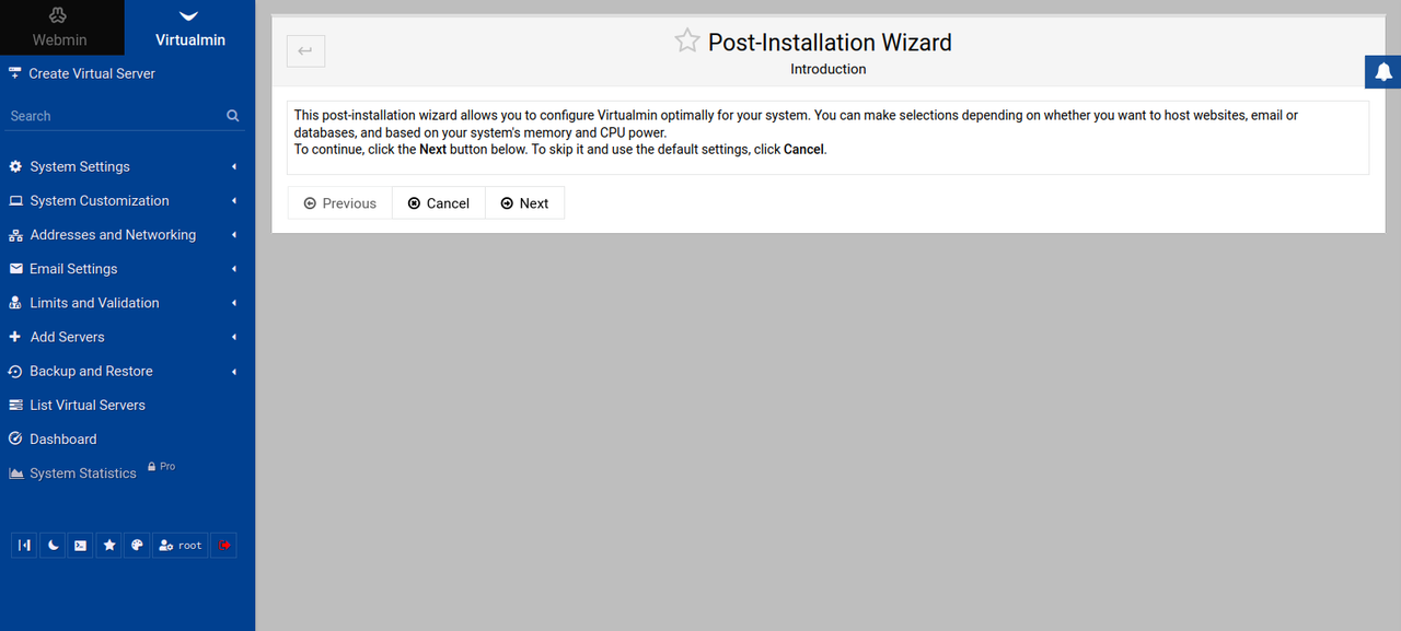 Virtualmin post-installation