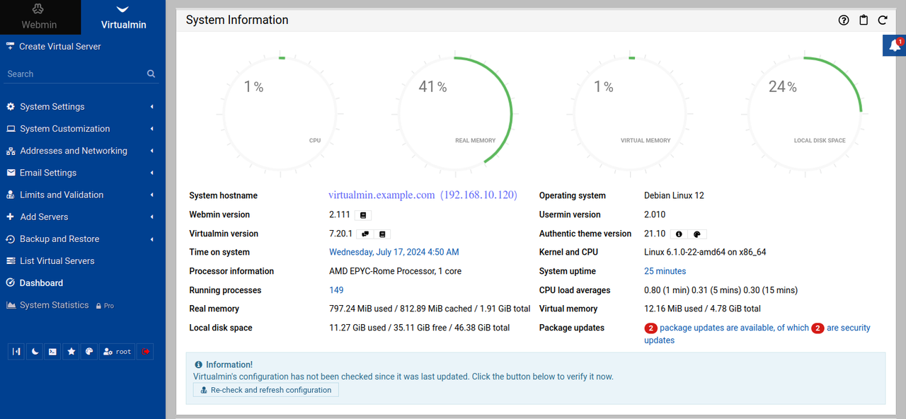 Virtualmin dashboard