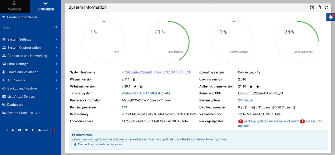 Virtualmin dashboard
