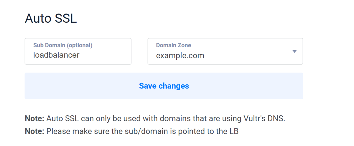 Enter subdomain to use with the Vultr Load Balancer