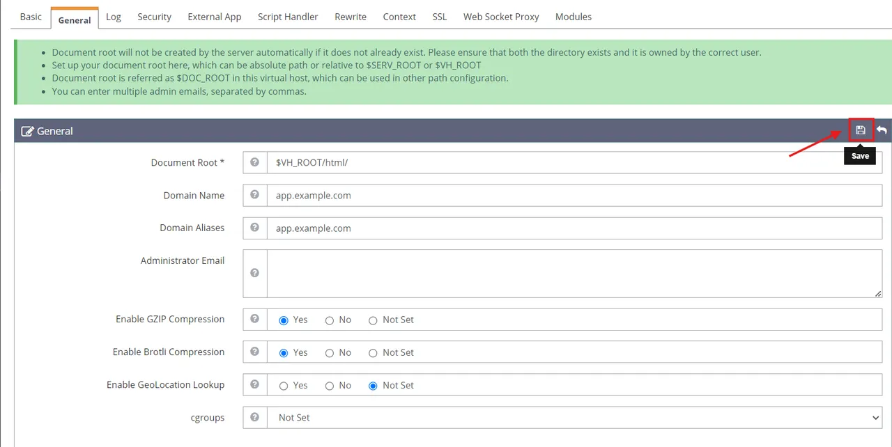 Click Save to Apply the new Virtual Host