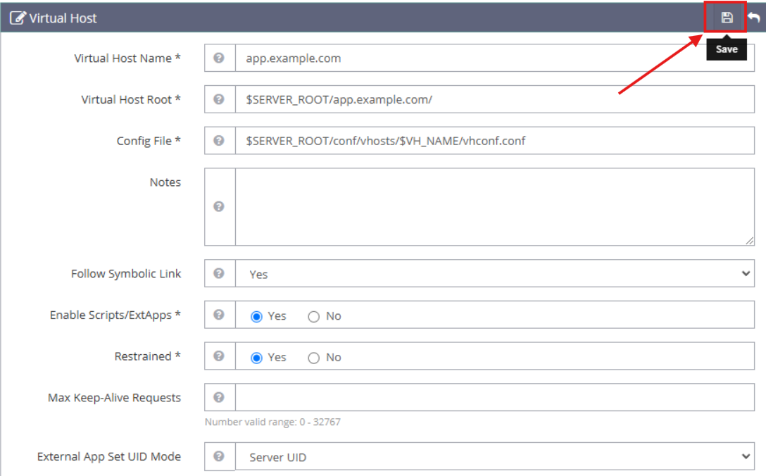 Click Save to Create the New Virtual Host