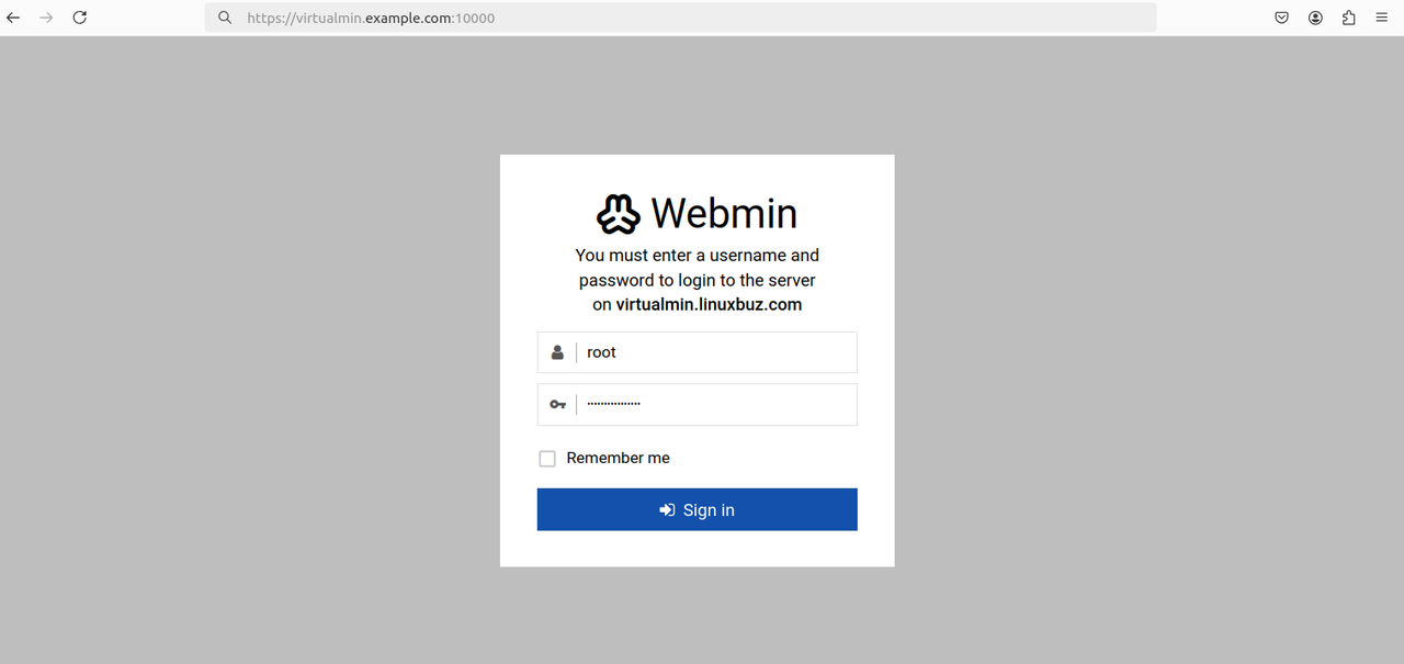 Virtualmin login page