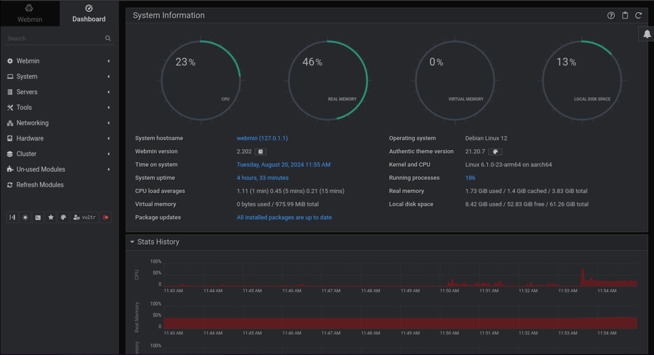 Image showing the server's dashboard on Webmin