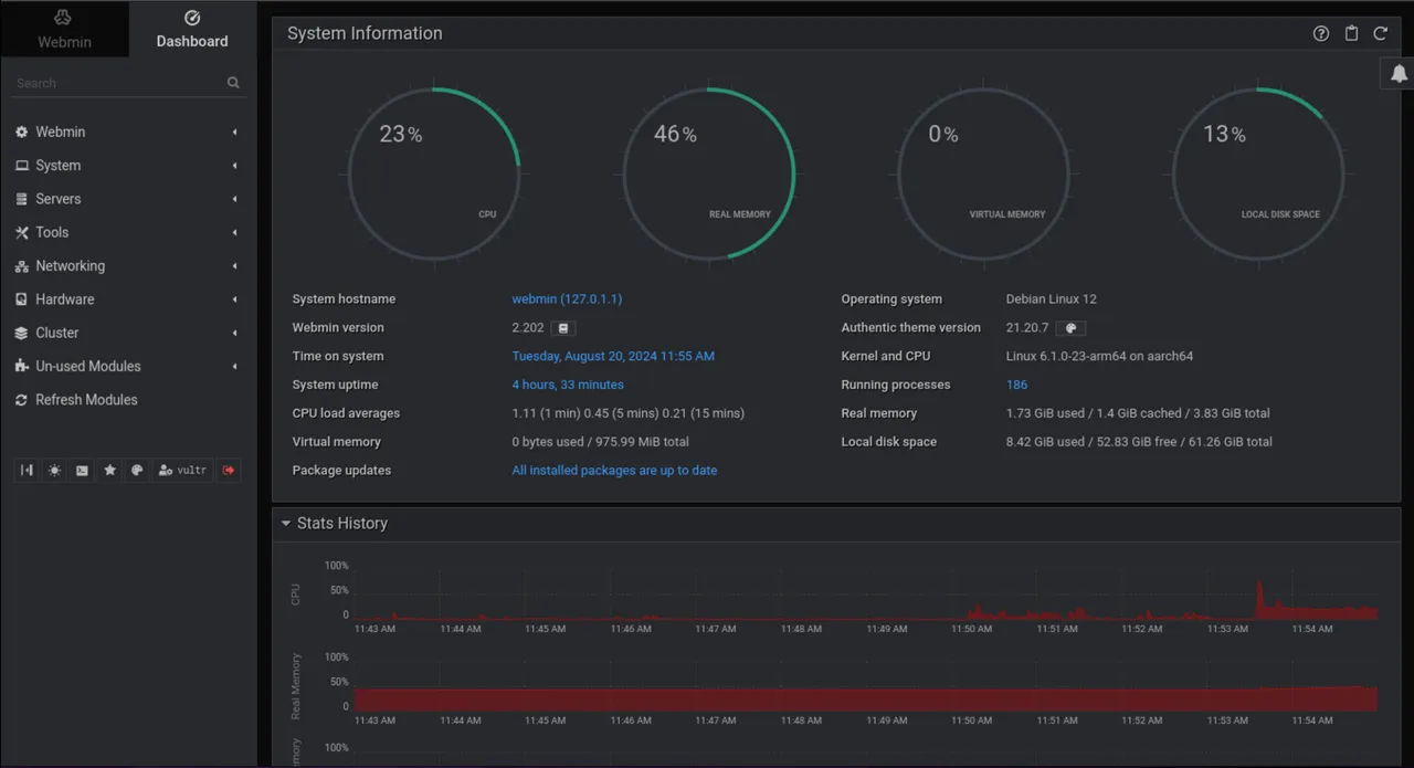 Image showing the server's dashboard on Webmin