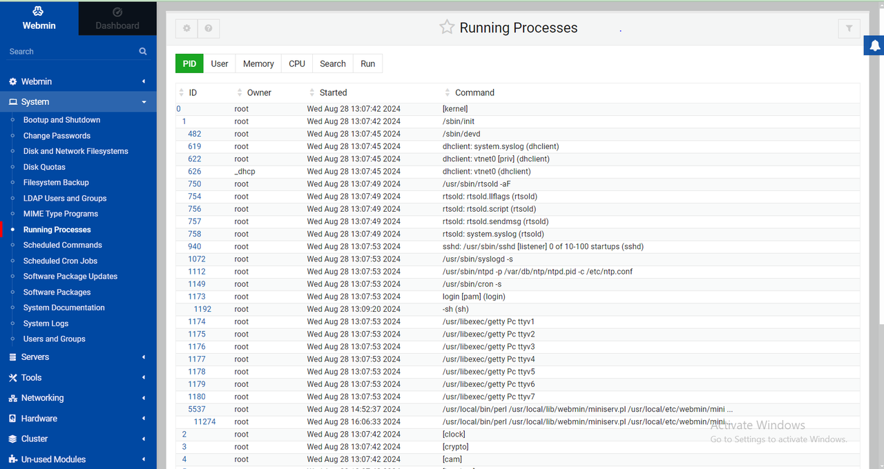 View Running Processes in the Webmin dashboard