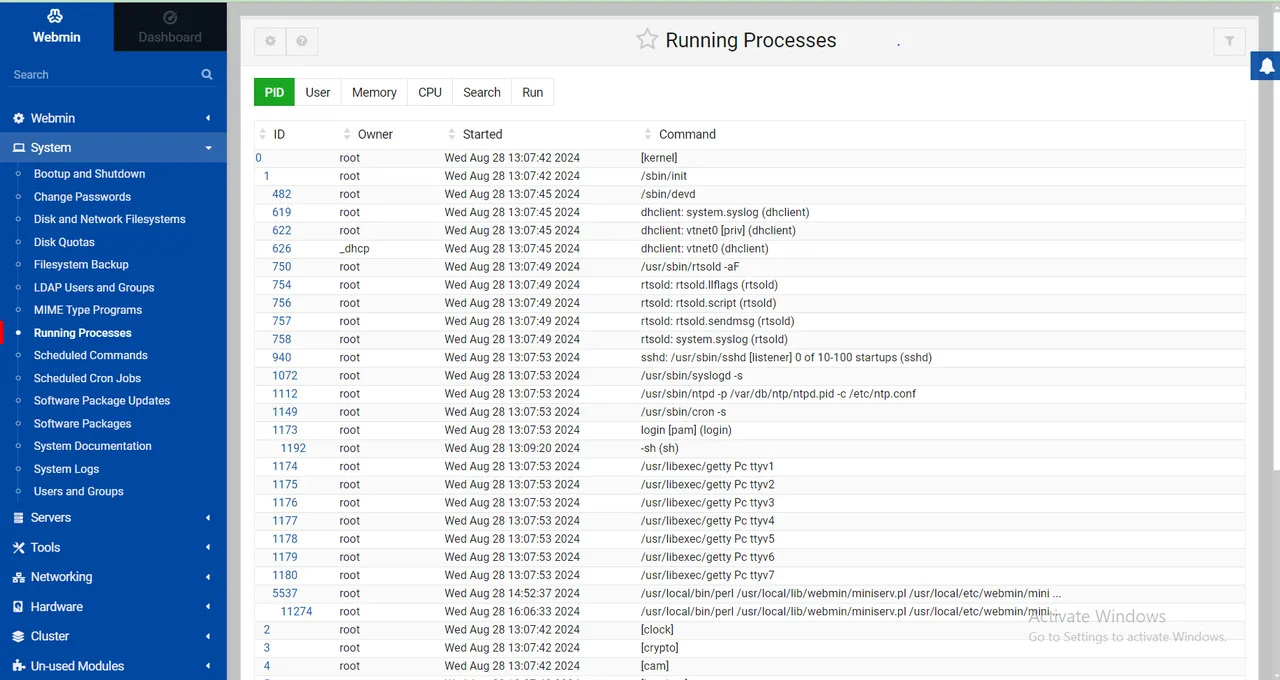View Running Processes in the Webmin dashboard