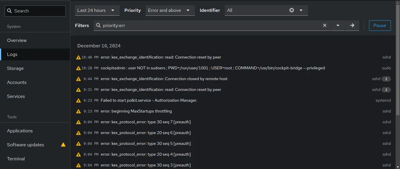 Cockpit's log viewing interface
