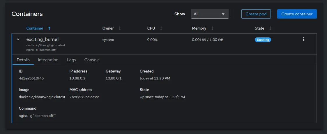 The Nginx container in a running state