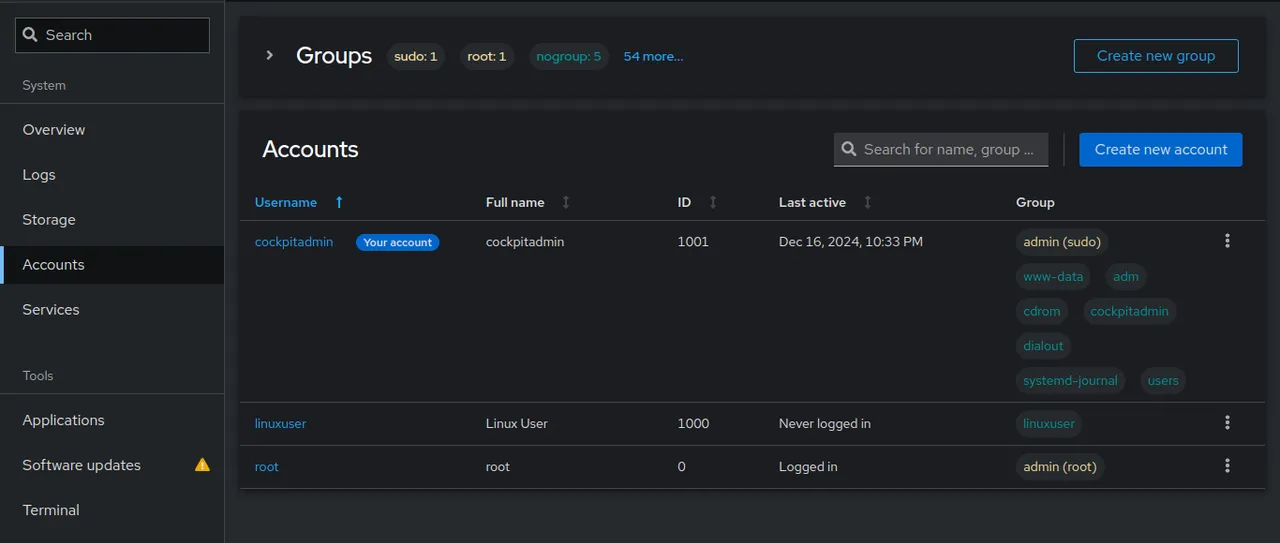 Cockpit's Accounts tab