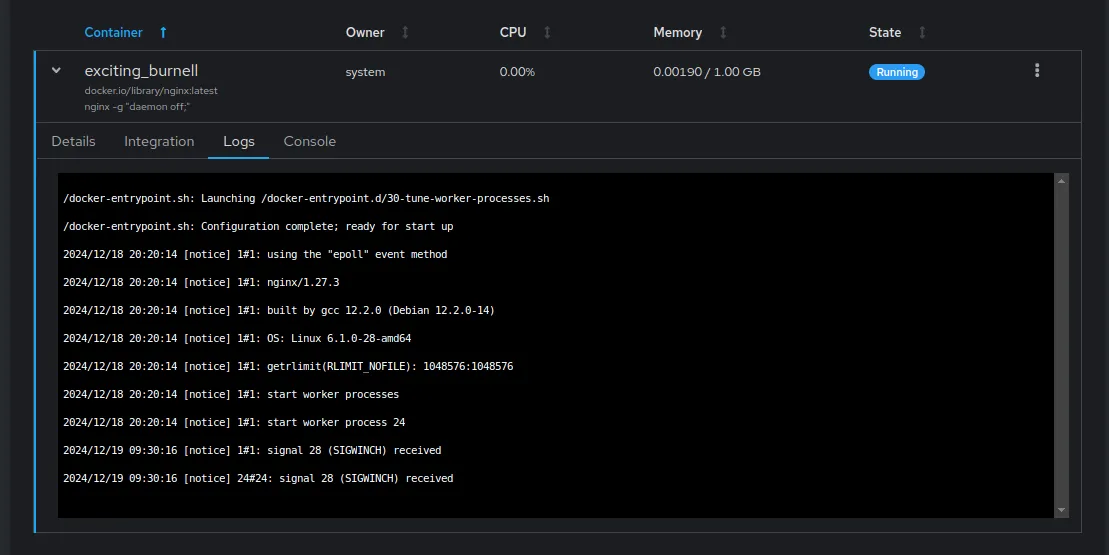 The container's logs