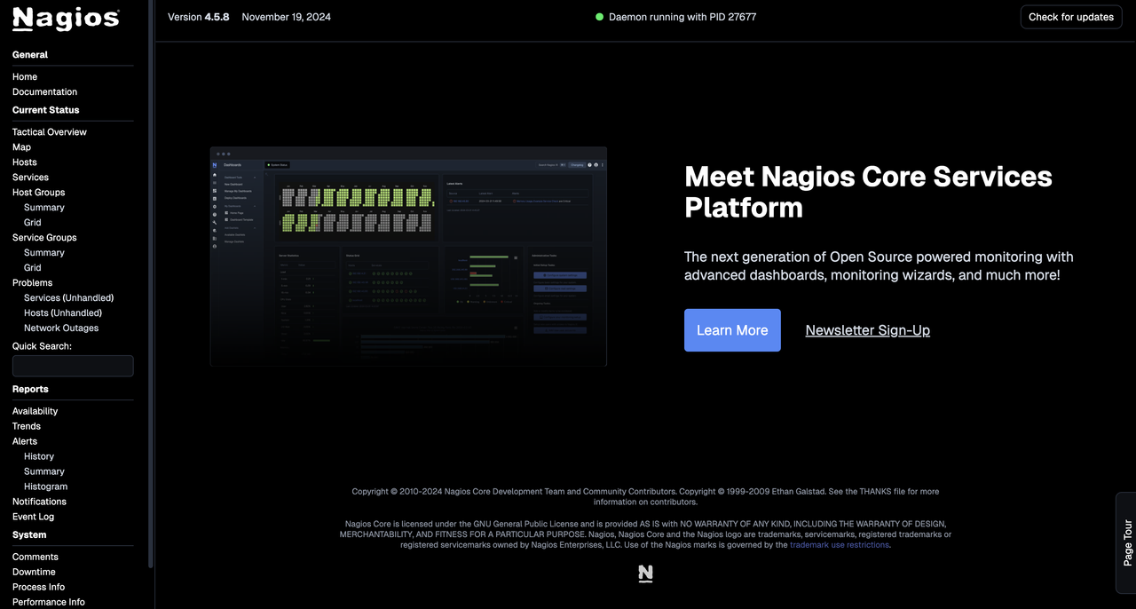 Access the Nagios web monitoring dashboard interface